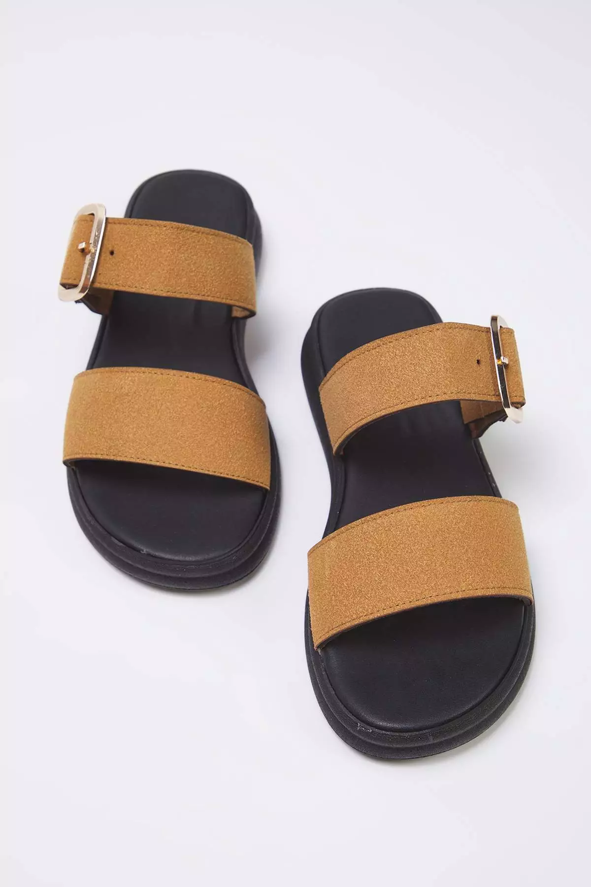 Camel Suede Gold Buckle Flat Women's Slippers Takss25Te00006