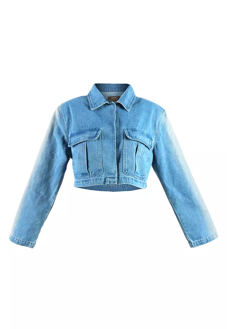 中蓝色纯色垫肩牛仔夹克