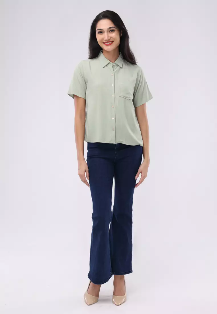 Plain Soft Linen Short Sleeves Collared Blouse