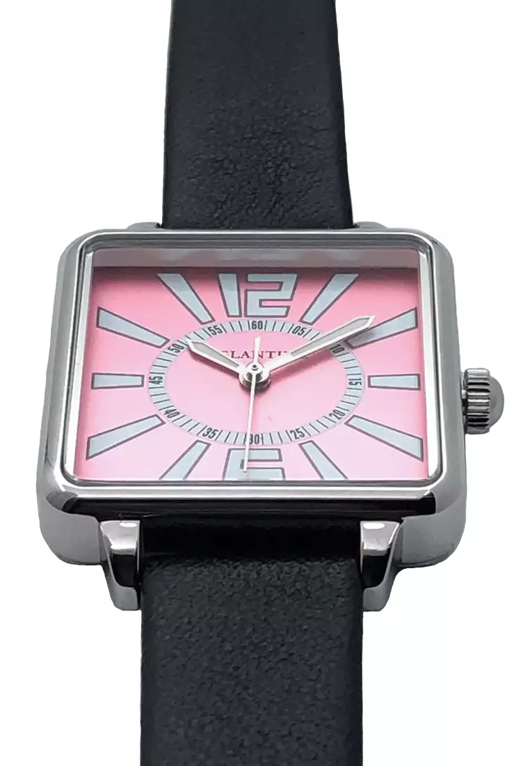 La Parisienne Steel Quartz Watch, Pink Dial on Black leather Strap