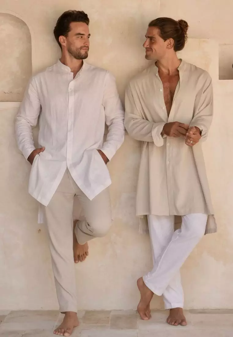Alula Kemeja Koko Panjang Linen Pria Warna Cream | Linen Long Sleeves Shirt Men Cream