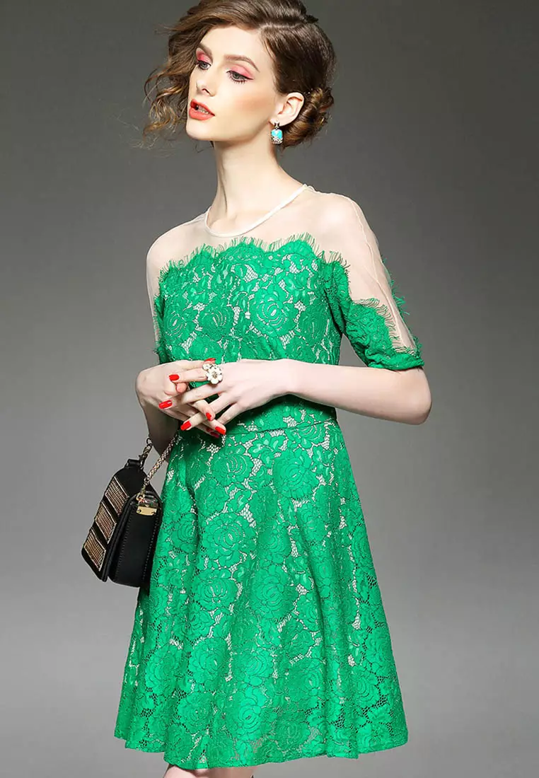 Green Lace See Through Shoulder One Piece Dress K200414