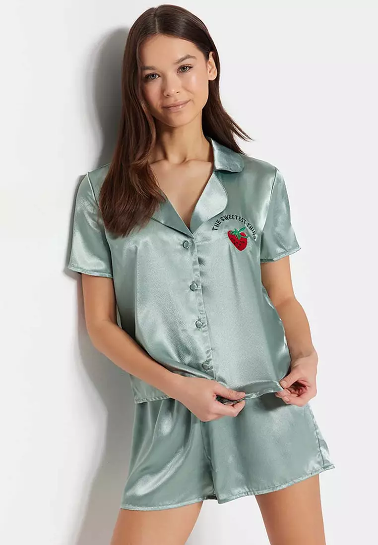 Embroidered Satin Pajamas Set