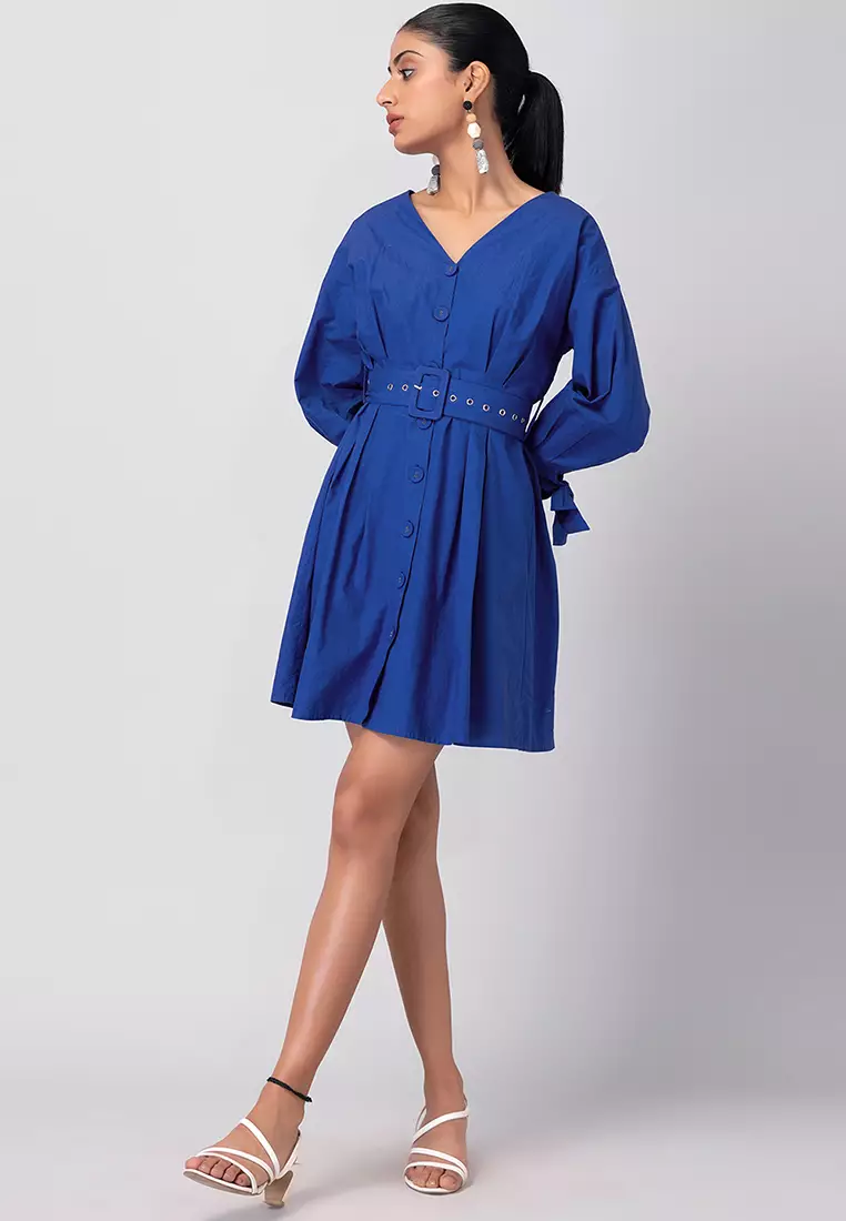Dark Blue Poplin Dress With Self Fabric Buckle Belt