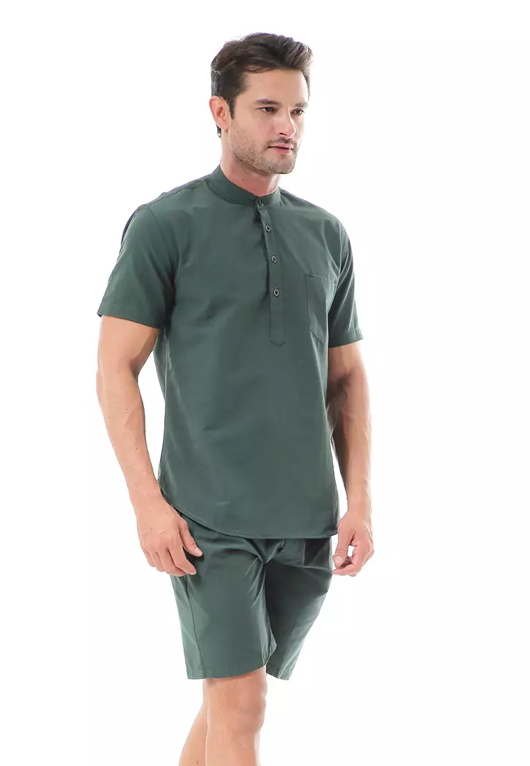 Vincent Kurta Set Pendek Motif Polos Setelan Pria Short Sleeve Material Cotton ORIGINAL - Green