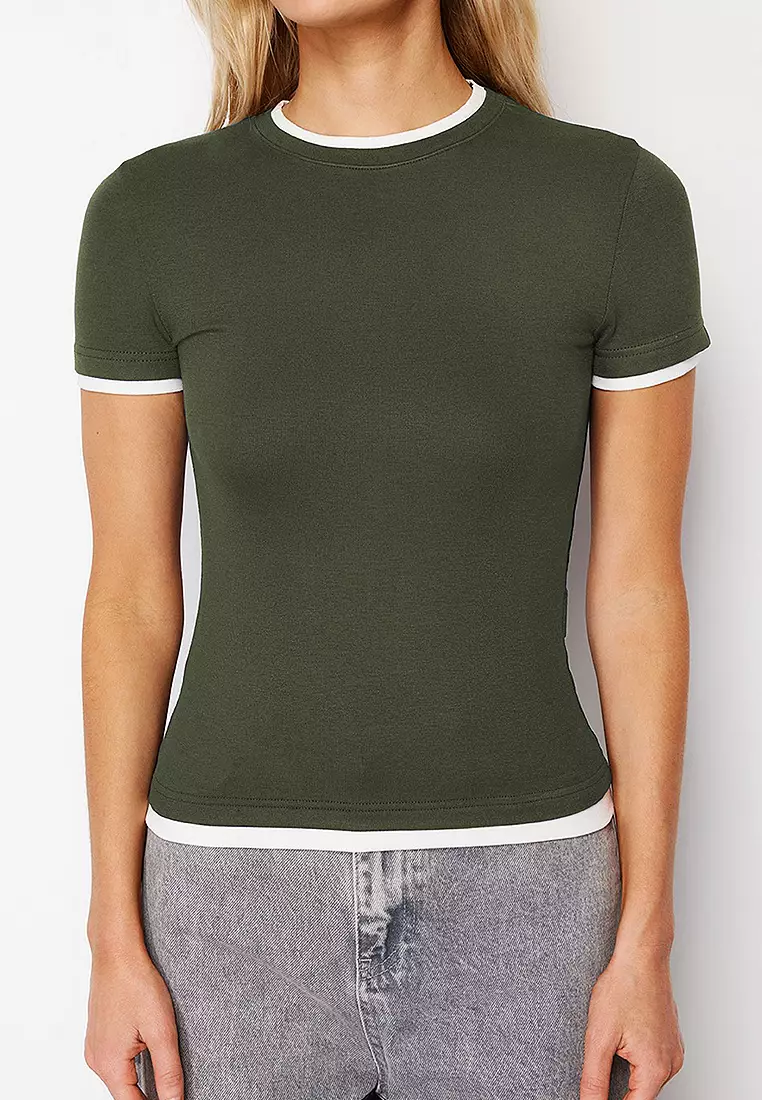 Khaki/Soft Fabric Color Block Stretchy Knitted T-Shirt