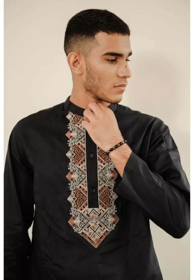 LARUSSO Kemeja Koko Kurta Bordir Panjang - Navy L003