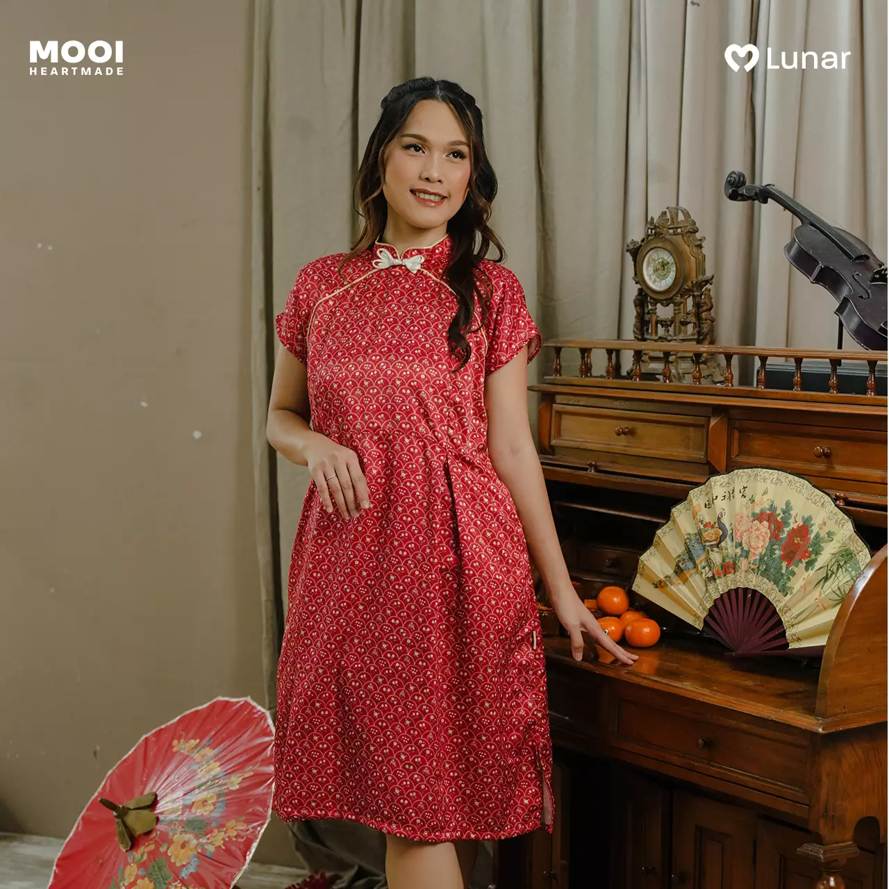 Mooi Dress Dewasa Lunar Collection Mei Gui Cheongsam Dress Adult - Trellis Red