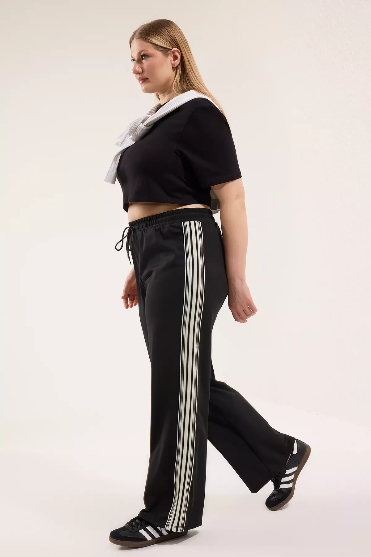 Black High Waist Striped Diving/Scuba Fabric Sports Knitted Sweatpants