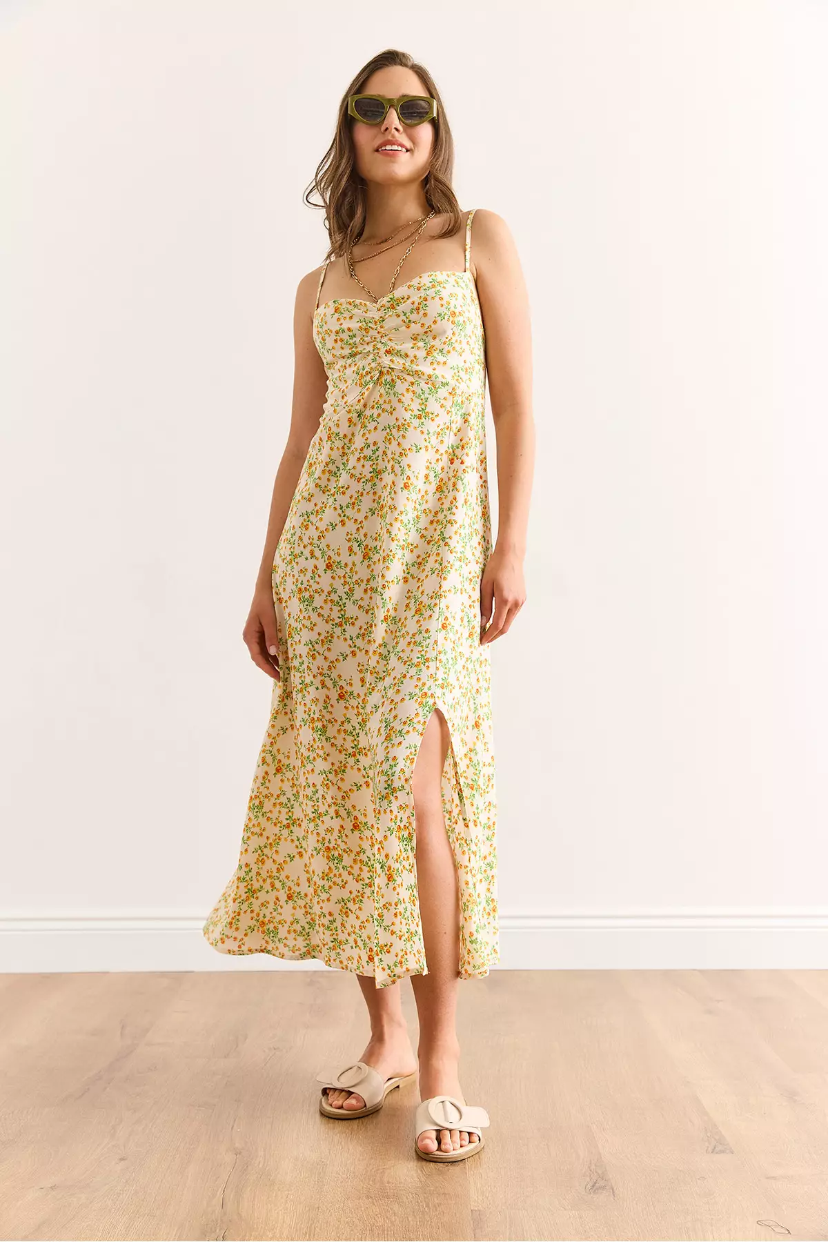 Women's Ecru Orange Strap Adjustable Front Gathered Woven Viscose Dress Elb-19002438