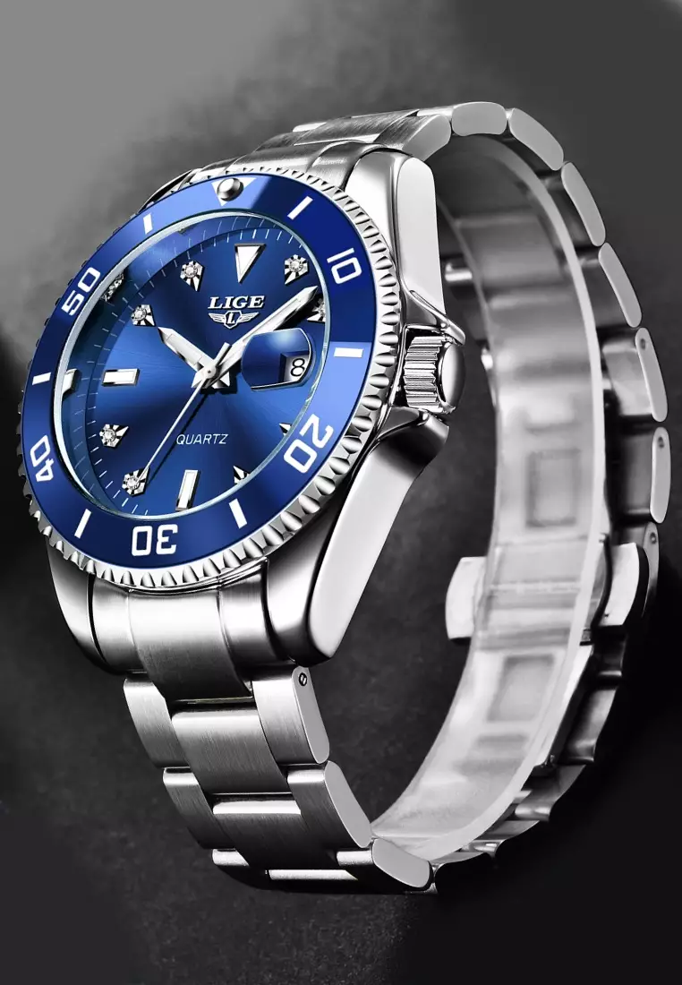 Unisex Classic Diver's Stainless Steel Quartz Watch, Stainless Steel Bracelet