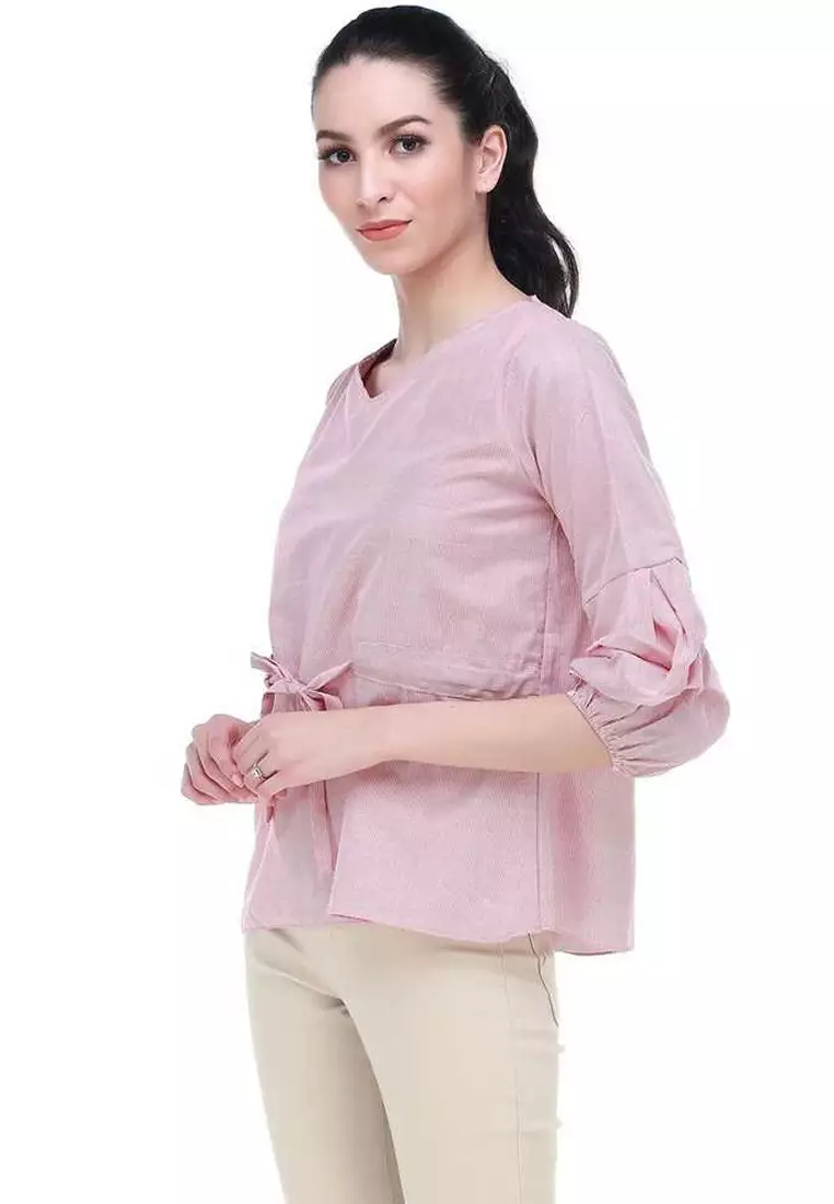 Rebecca Blouse Desain Serut Pita Baju Atasan Casual Wanita - Pink