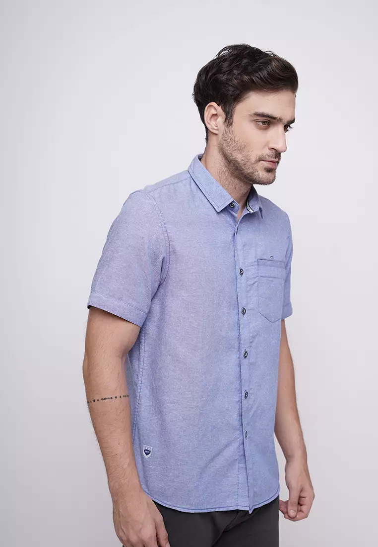 LGS - Slim Fit - Kemeja Casual Pria - Lengan Pendek - Biru - Motif Polos - JSH.391.S1079F.877.C