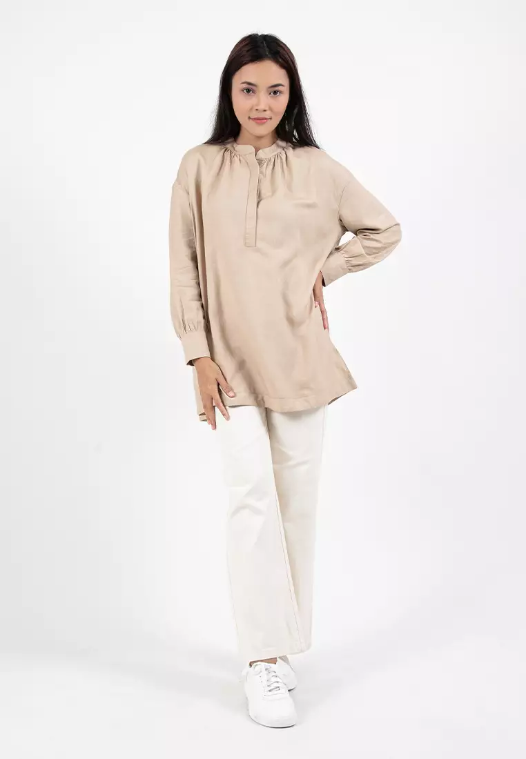 Forest Ladies Linen Oversized Band Collar Plain Blouse Women Long Sleeve Tunic | Baju Perempuan - 822391-13Khaki