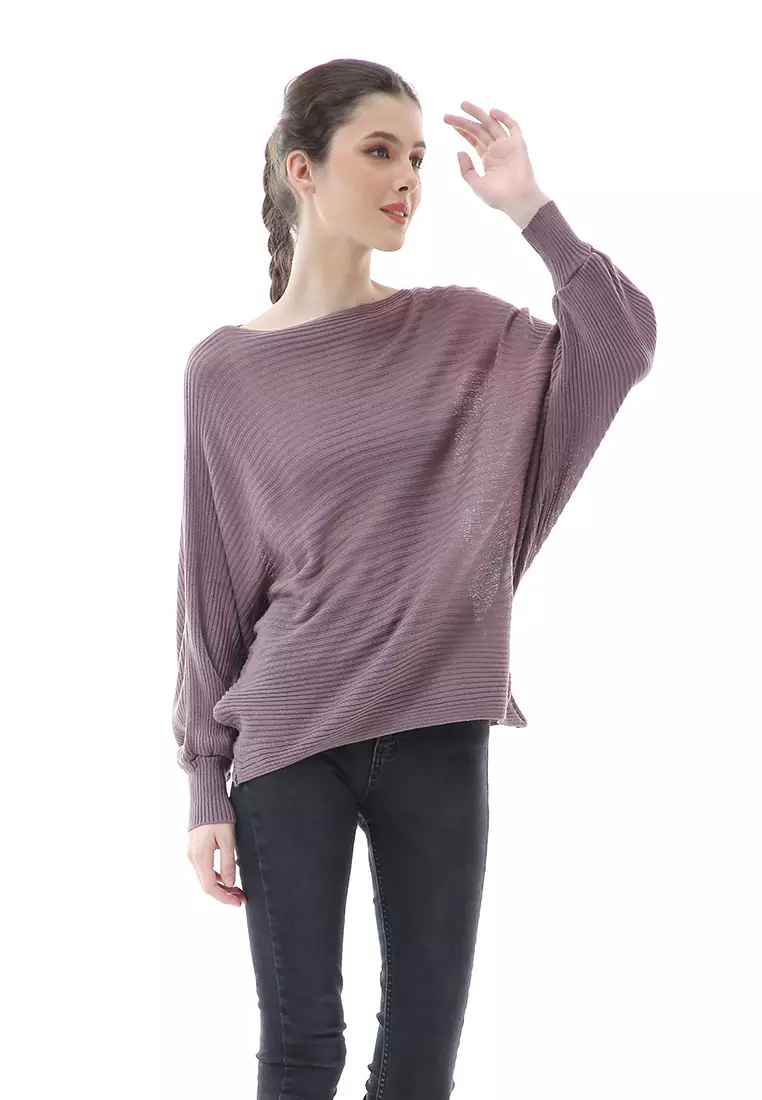 Eveline Sweater Rajut Batwing Atasan Wanita Motif Polos High Quality - Burgundy