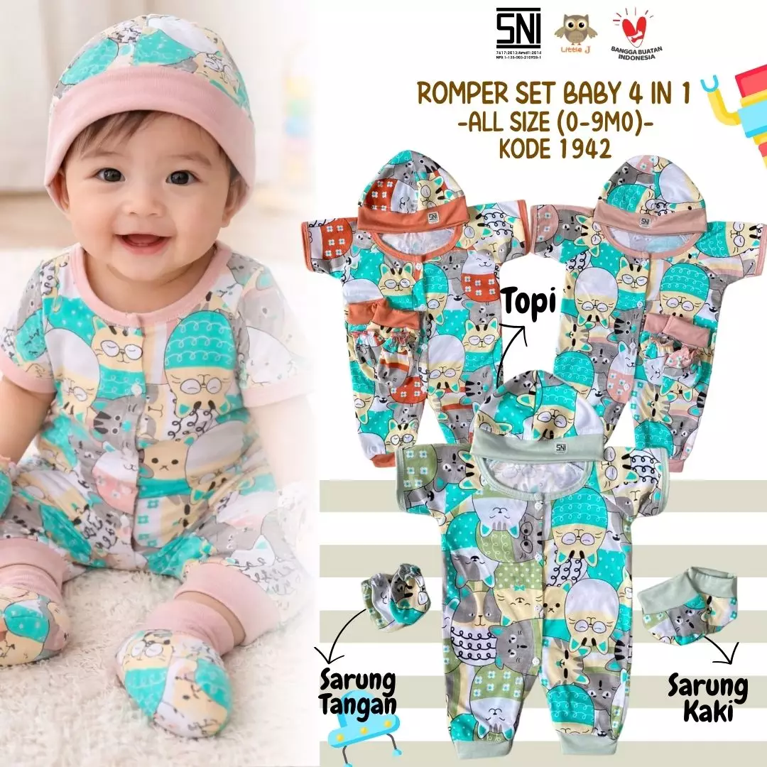 Little J - (1942) Romper Bayi Set Lengkap 4 in 1 Motif Eeg | Baju Bayi Lengan Pendek + Topi + Sarung Tangan & Kaki