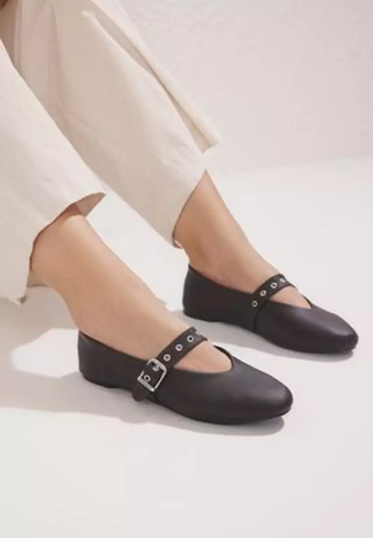 Dark Brown Eyelet Belt Almond Toe Mary Jane Women's Ballerinas Takss25Be00044
