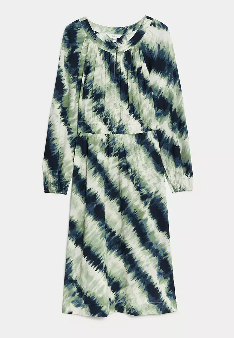 Printed Keyhole Pleated Midi Waisted Dress