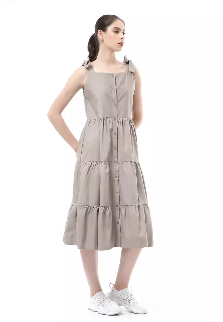 Rachel Dress Ruffle Wanita Tanpa Lengan Full Kancing Stylish Material Cotton ORIGINAL - Brown