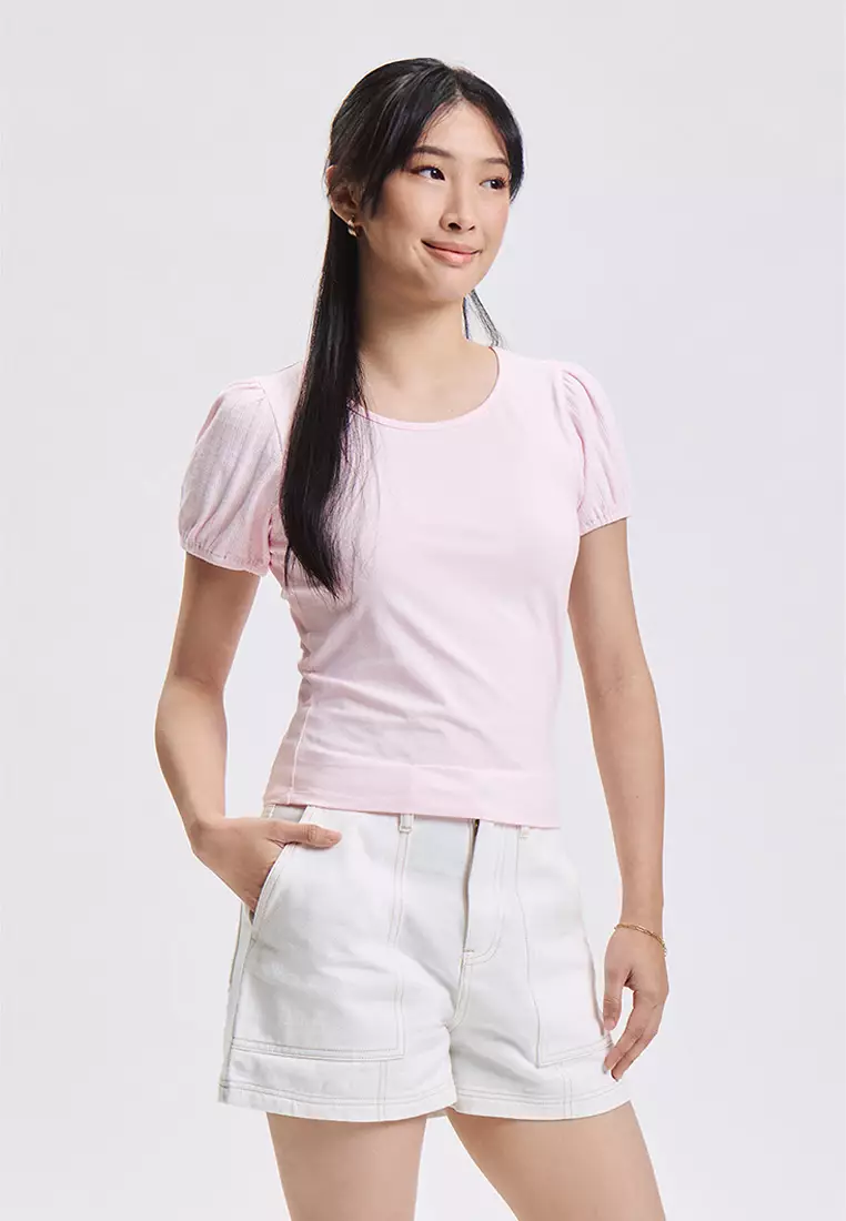 Cropped Pointelle Puff Sleeve Top