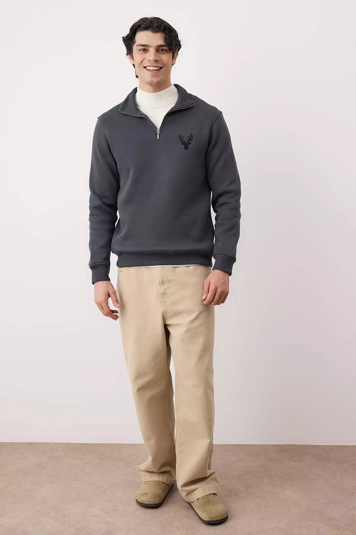 Anthracite Regular Cut Stand Collar Zippered Cotton Deer Embroidery Sweatshirt