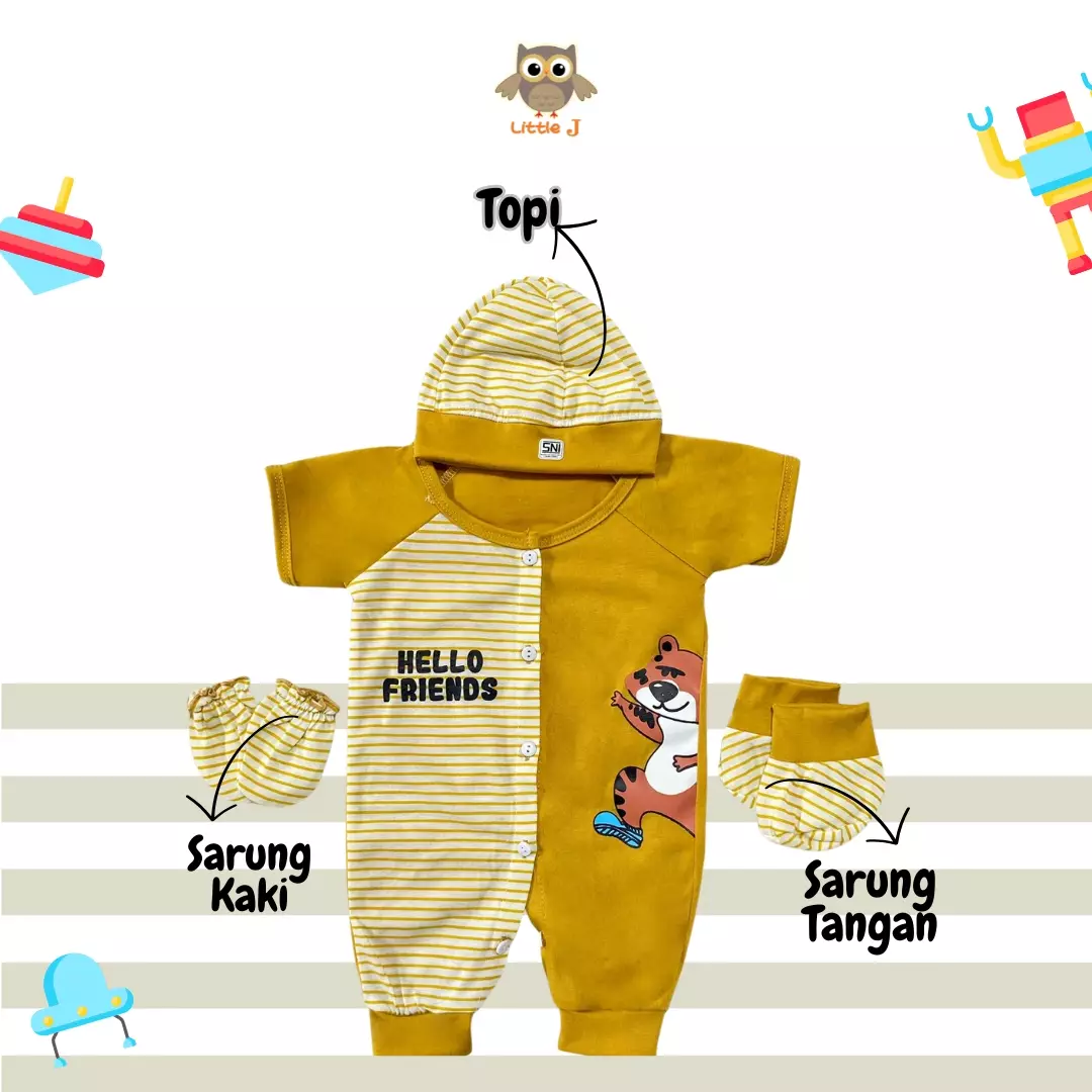 Little J-Romper bayi 4in1 motif singa set lengkap topi sarung,tangan & kaki dan bahannya adem 