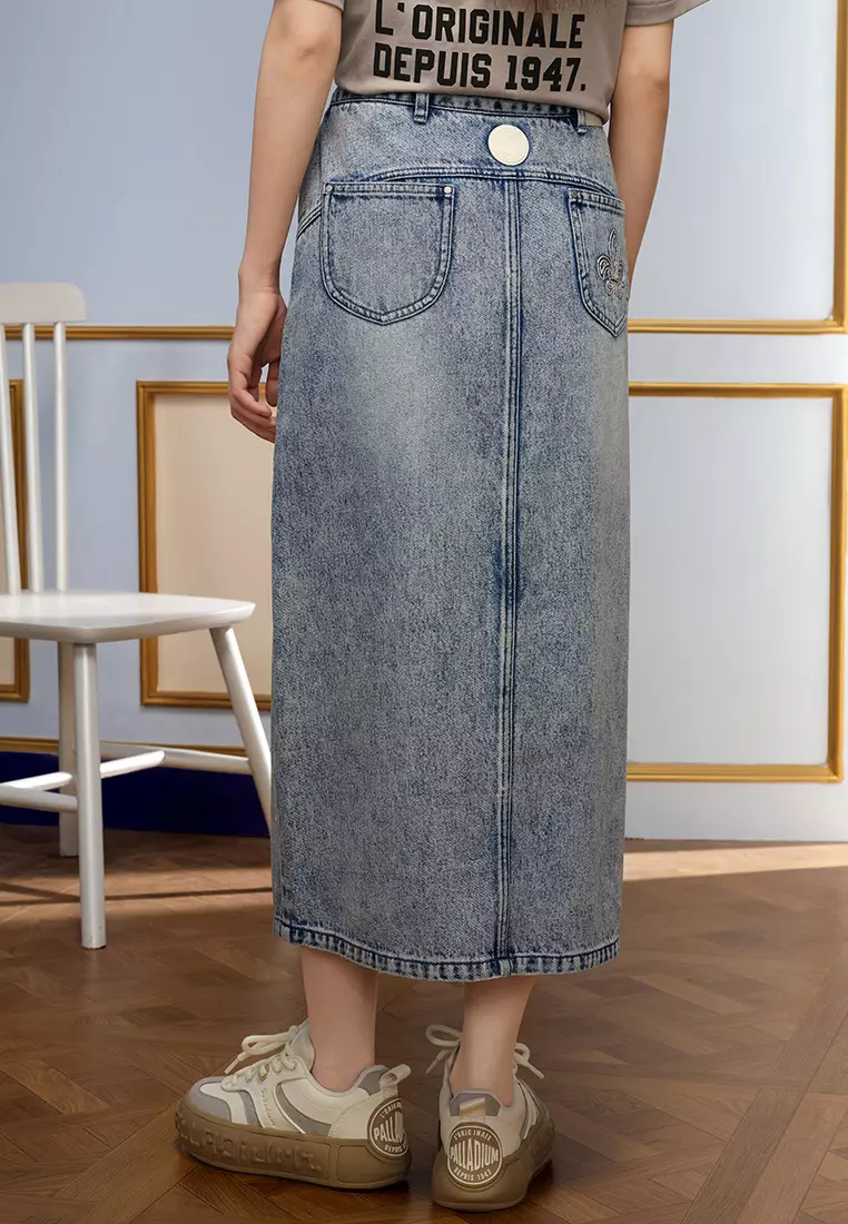 WOMEN'S WASHED DENIM MIDI SKIRT