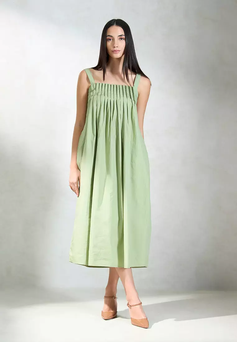 VIRGIO 100% Cotton Front Pleated Smocked Midi Dress