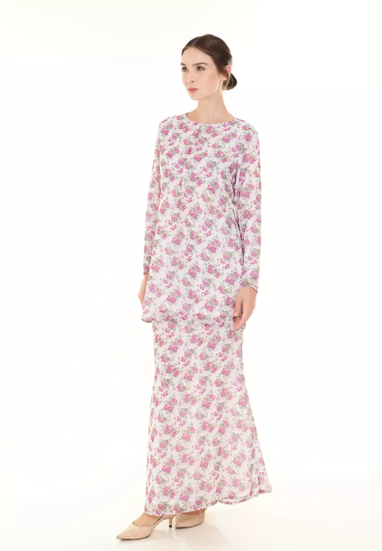 Rina Printed Kurung in White Purple Small Flower