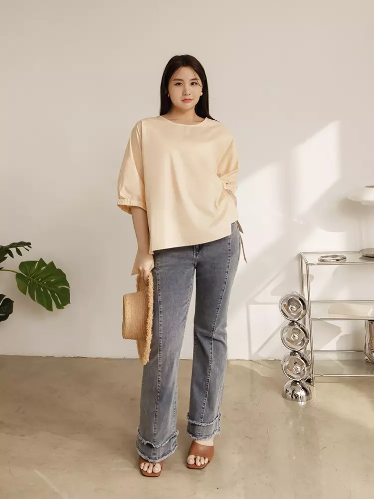 Cotton bow-tie puff sleeve slit top [AB19496]