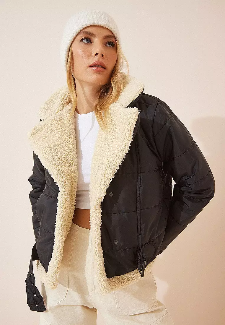 Faux Leather Faux Wool Crop Pilot Jacket