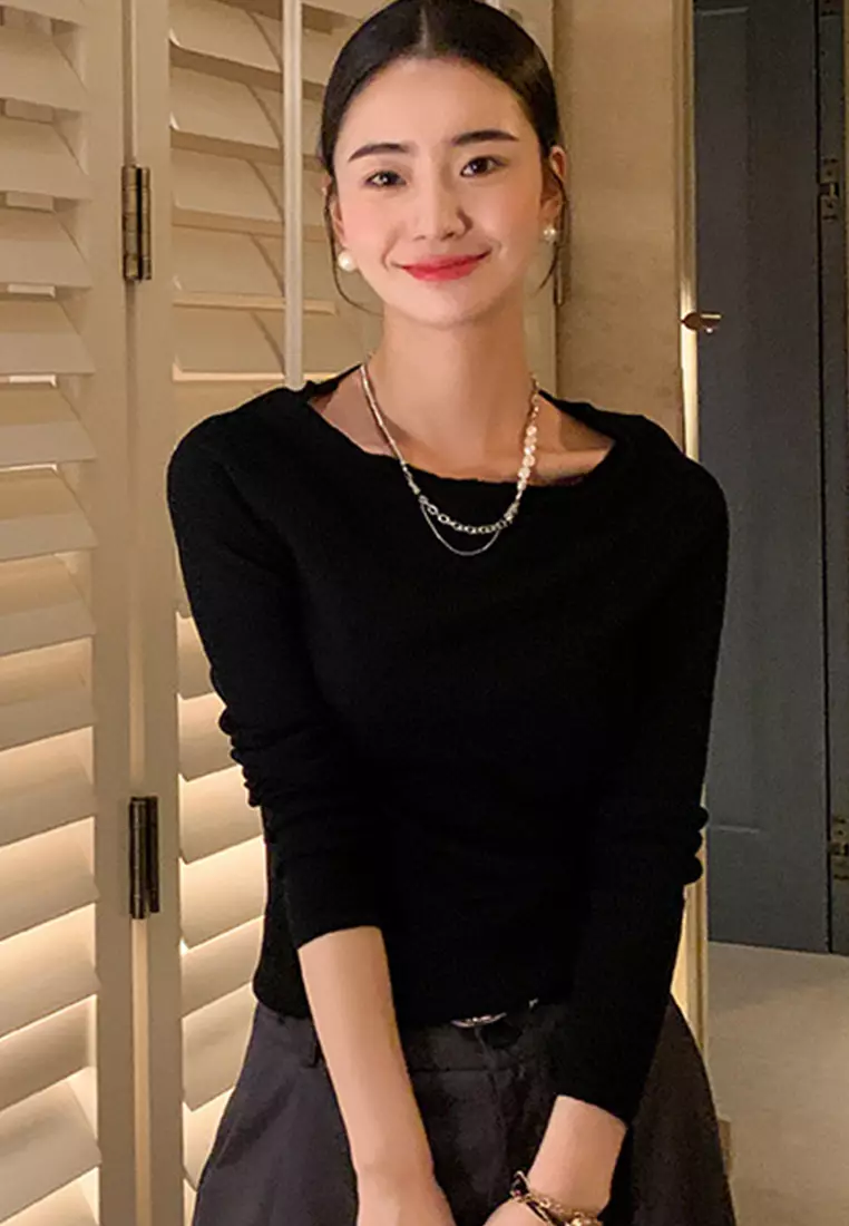 F/W New Sheep Wool Knit Slim Fit Long Sleeve Ladies Top A22090710BK