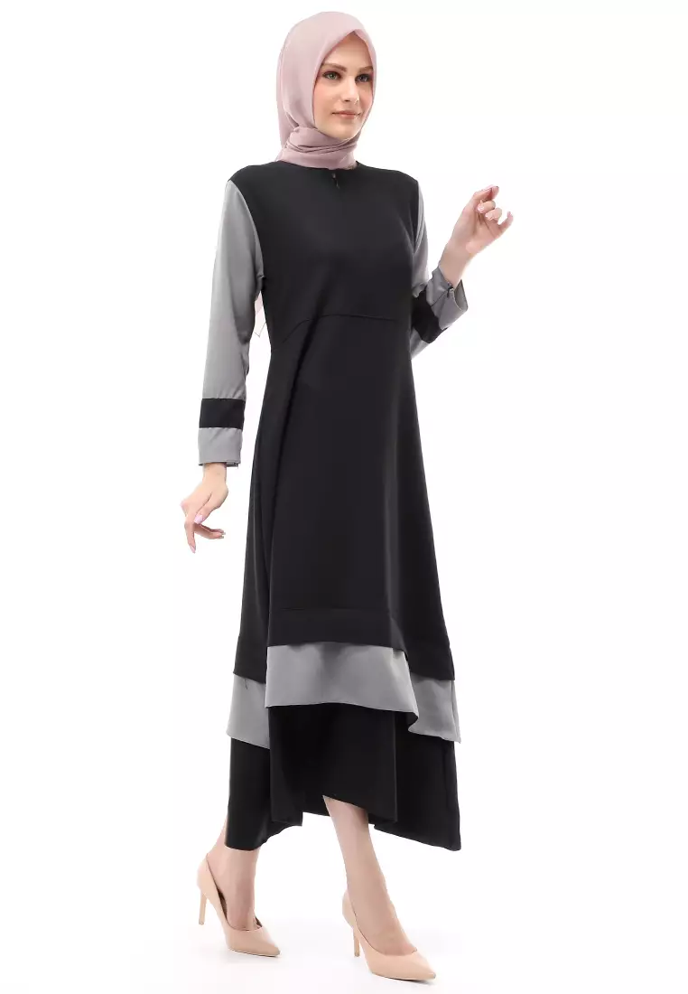 Aurel Dress Maxi Muslimah Wanita Polos Dual Tone Color Regular Fit - Black Grey