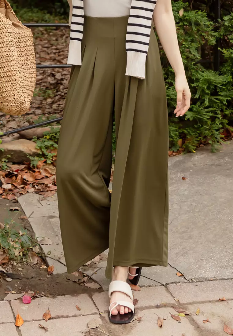 Pleated Wide-Leg Cropped Trousers with Elasticated Waist [BA7843]