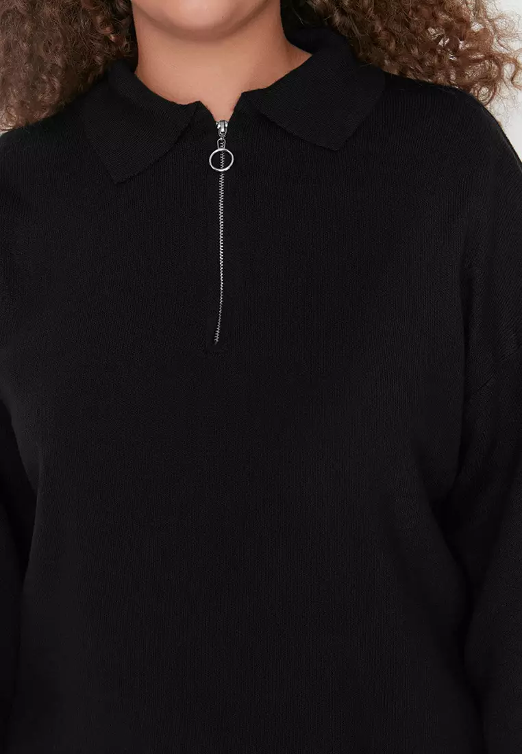 Black Polo Collar Zipper Detailed Knitwear Sweater Tbbaw23An00056