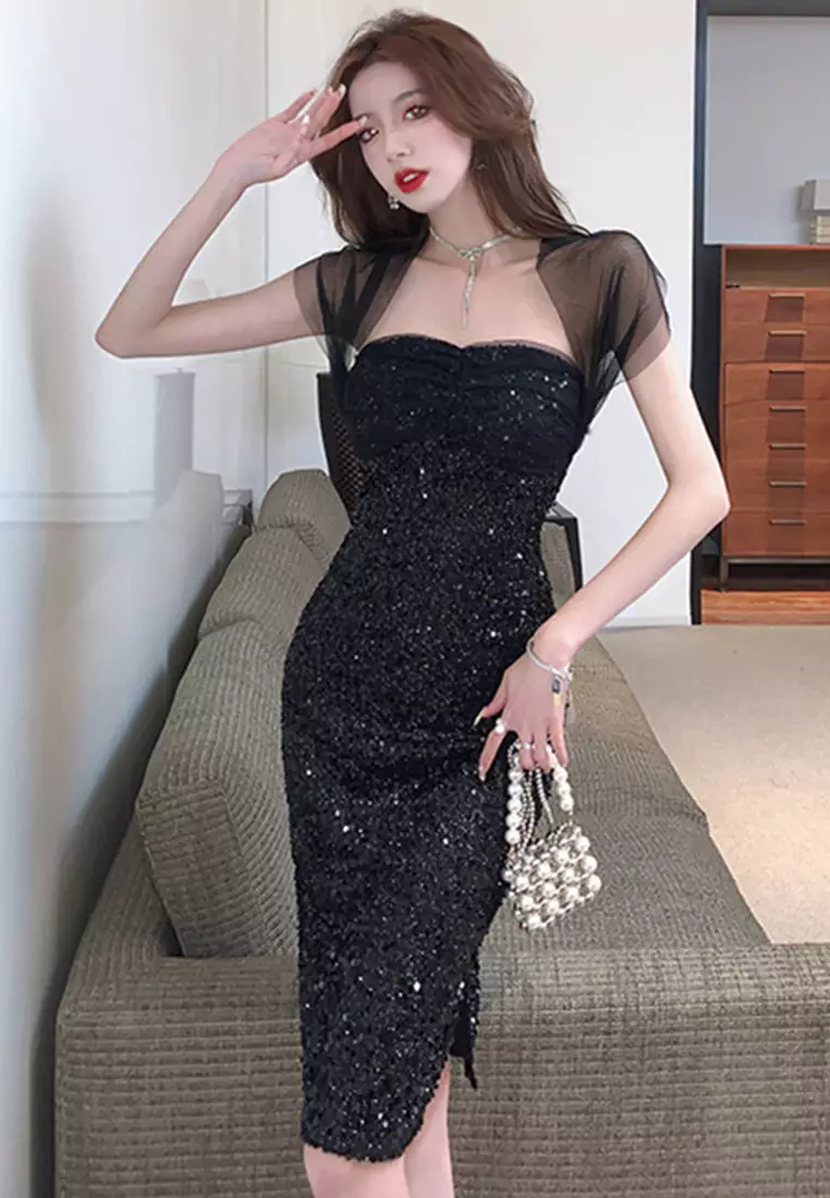 Buy Sunnydaysweety Temperament Mesh Splicing Sequin Slim Fit One-Piece ...