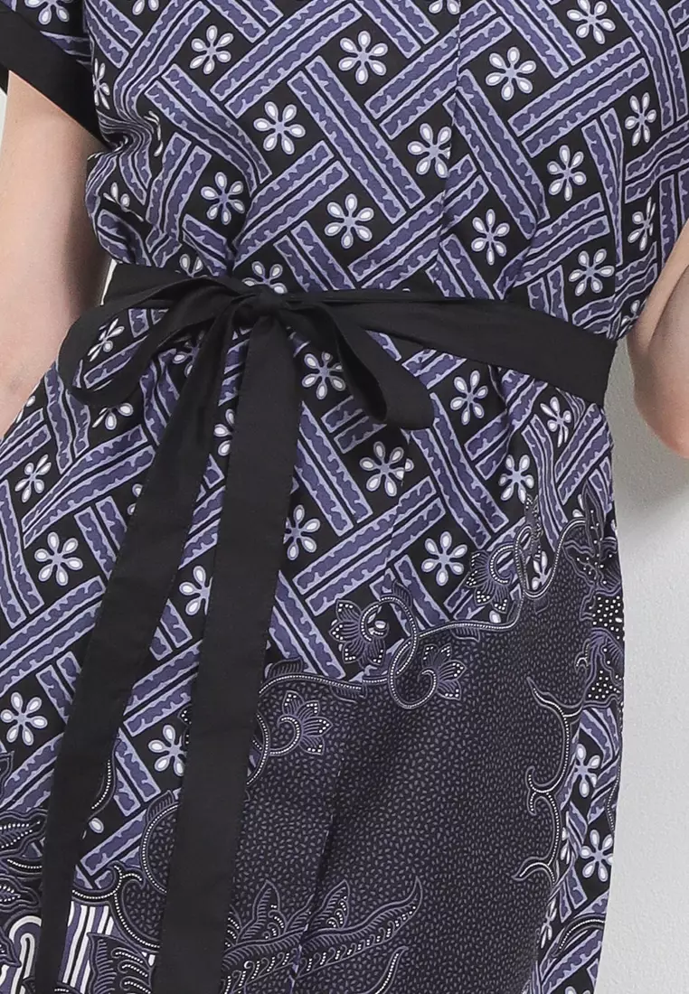 Dress Batik Wanita Davena Short Sleeves Lining Black Navy Belt