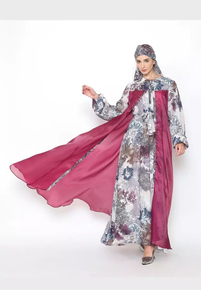 Rinjanie x Senorita  - Gamis Rosslen Red Wine - Gamis Set Scarf Raya - Gamis Set - Gamis Printing Mix Organza - Dress Raya - Dress mix organza - GMKY - RW