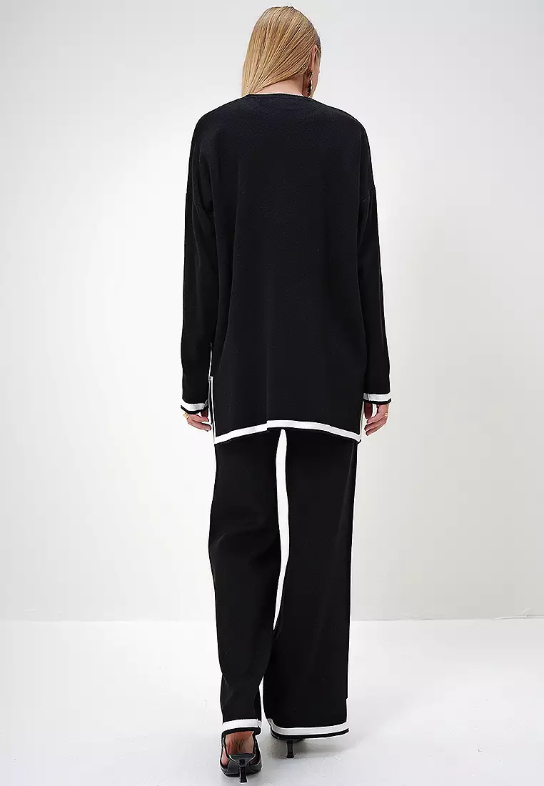 Contrast Trims Knitted Blouse and Pants Set