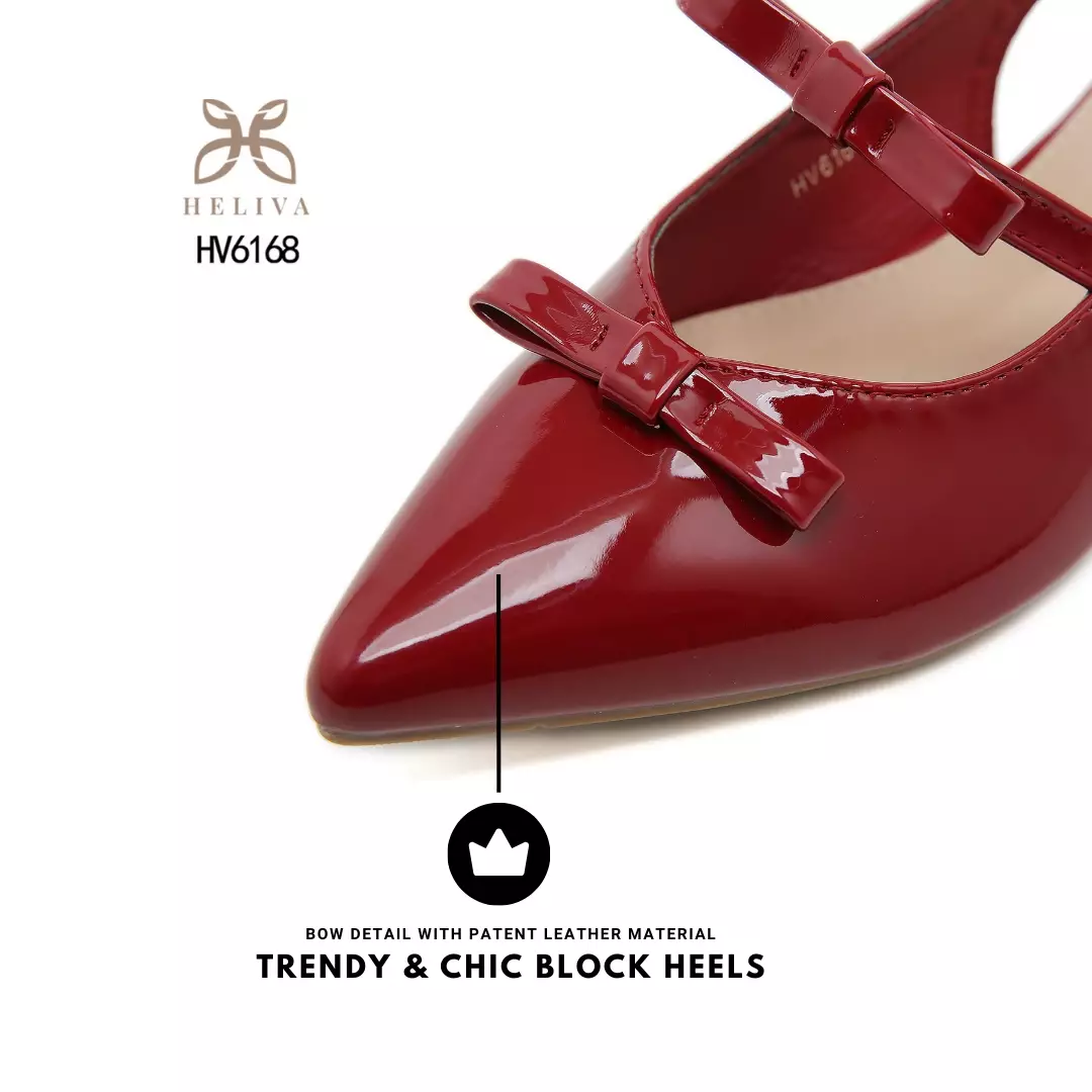 HELIVA CHERRY Glossy Slingback Low Heels with Chic Bow Detail & Pointed Toe HV6168