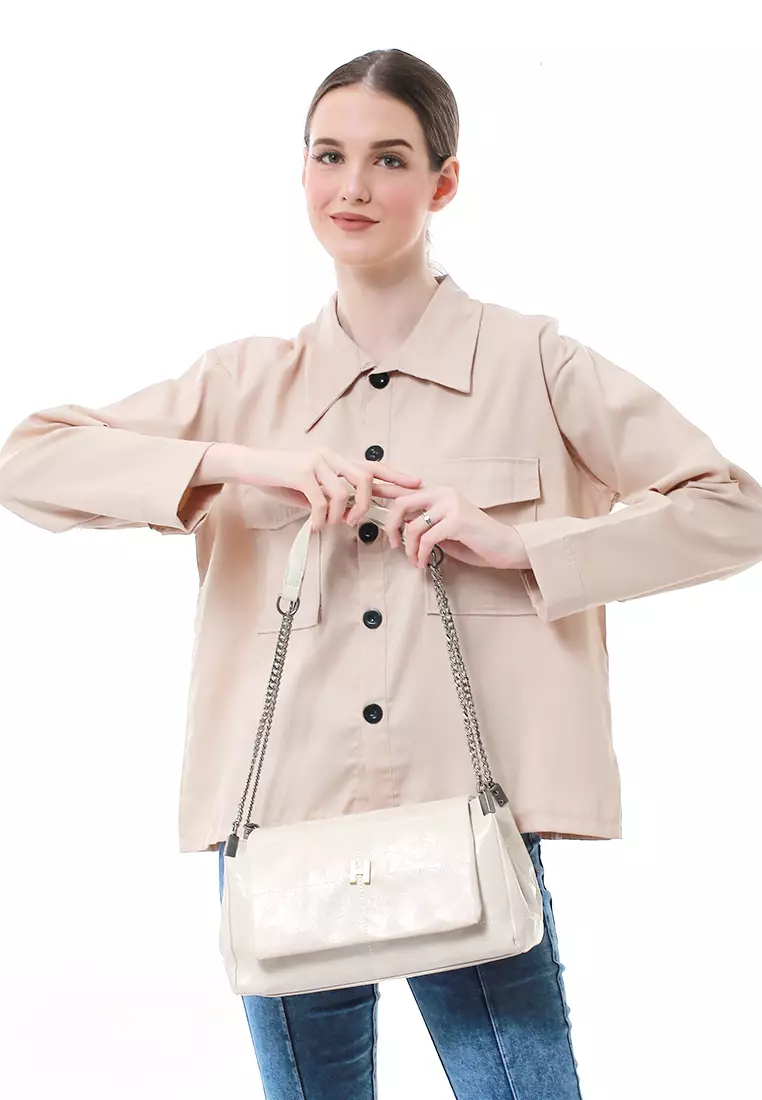 Eilaria Tas Kerja Wanita Shoulder Bag Tali Rantai Large Compartment Material Leather ORIGINAL - Beige