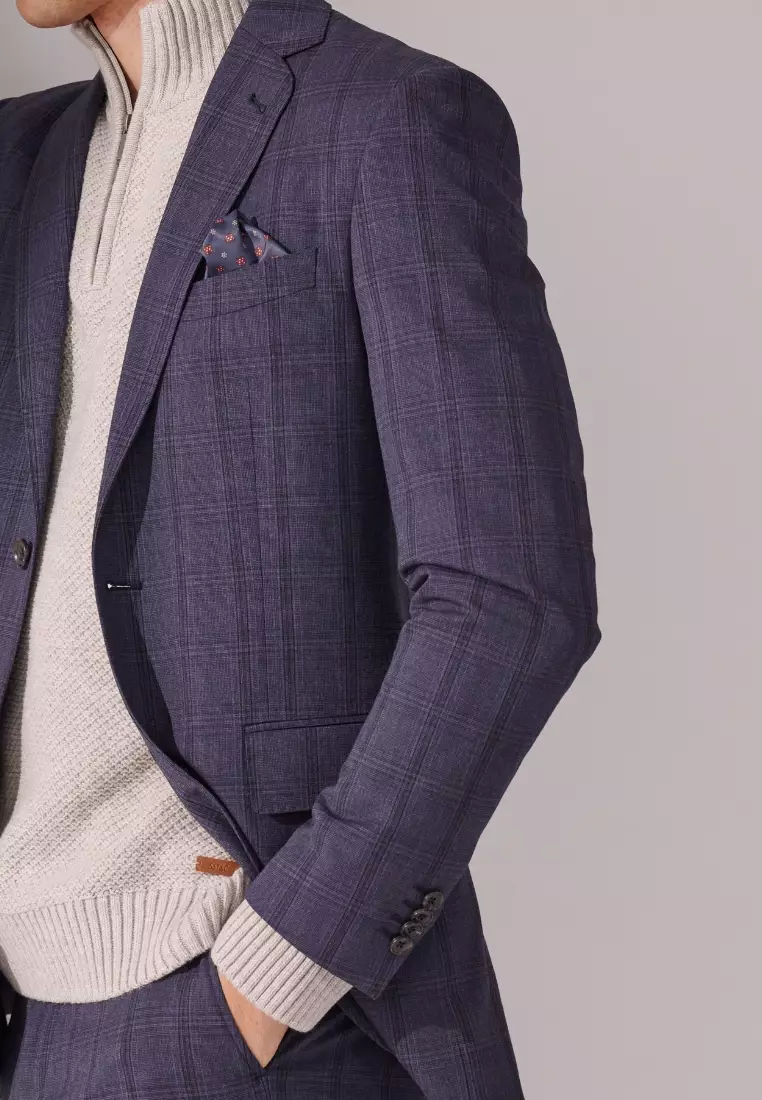 藏青格紋修身西裝外套