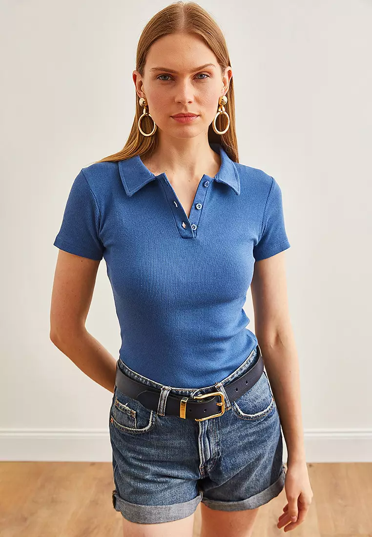 Women's Polo Neck Buttoned Lycra Blouse BLZ-19002558