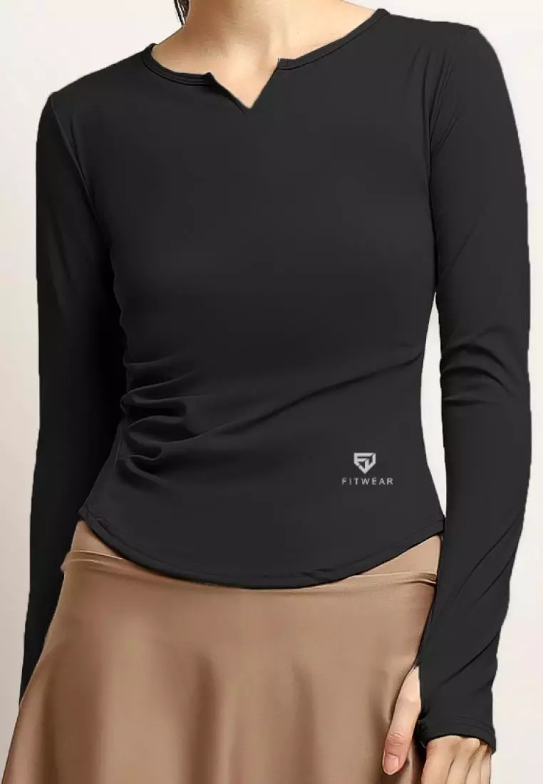 Fitwear - Kaos Olahraga Dryfit Wanita BELINDA V-NECK SLIMFIT L/S - BLACK