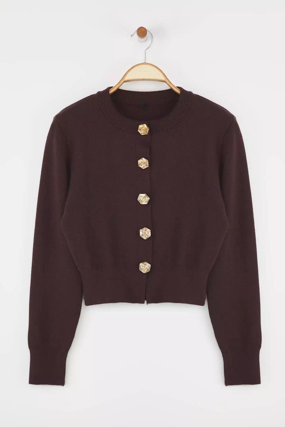 Brown Premium Yarn/Special Yarn Crop Rose Button Jacket Look Knitwear Cardigan