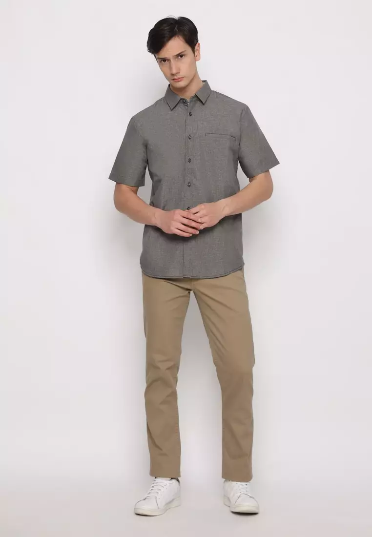 RBJ Kemeja Polos Cotton Slub Abu Tua Regular Fit Pria