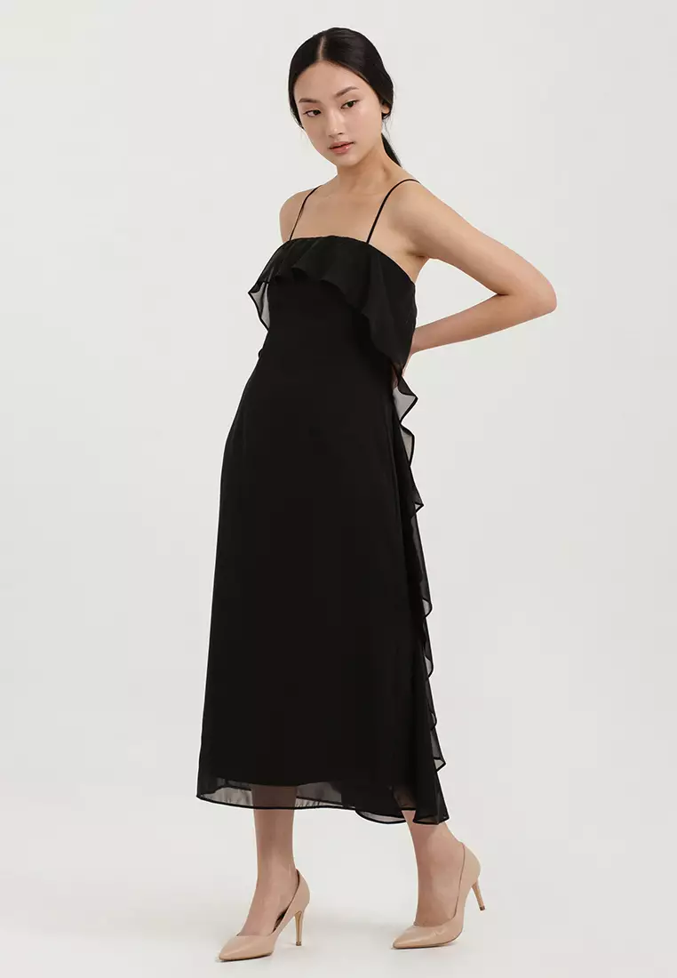Waterfall Chiffon Midi Dress in Black