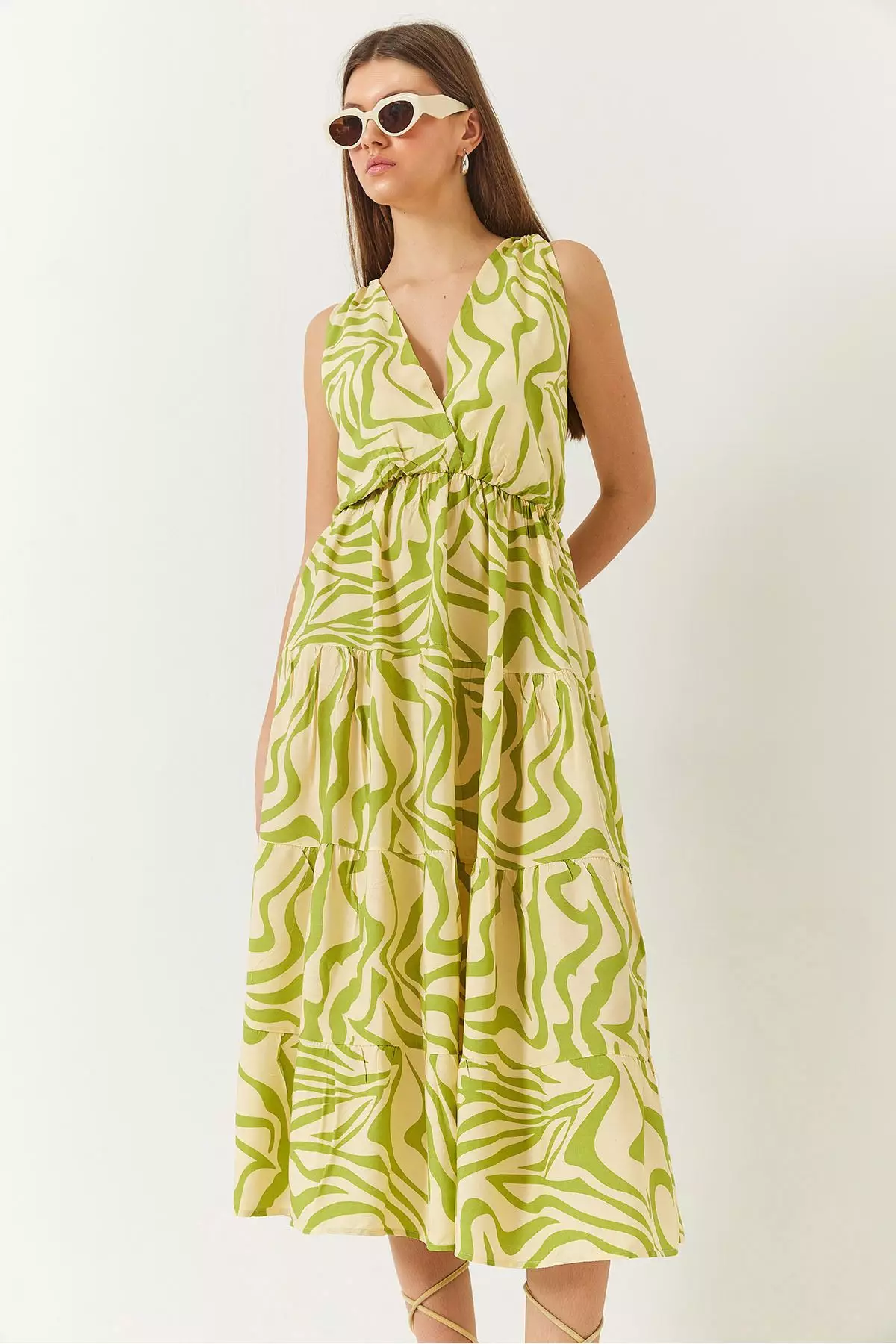 Women's Double Breasted Neckline Elastic Waist Back Rope Tie Print Dress 60261428