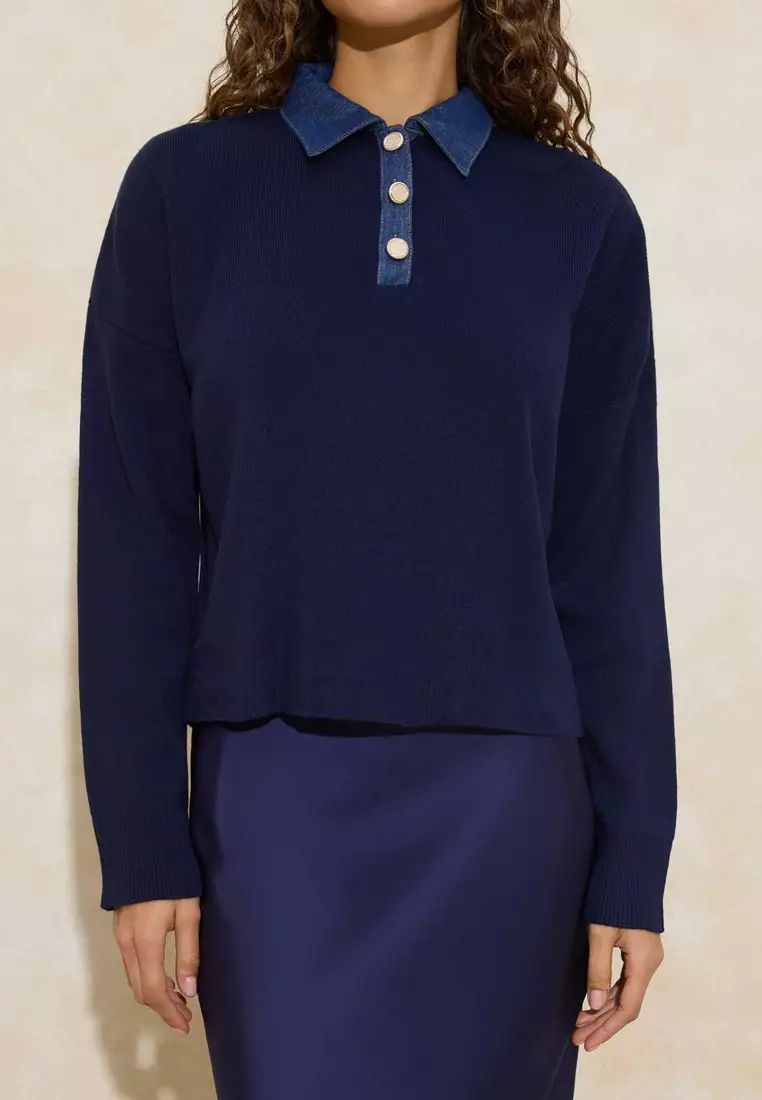 Navy Blue*1 Denim Paneled Polo Neck Knitwear Sweater Twoaw26Kz283