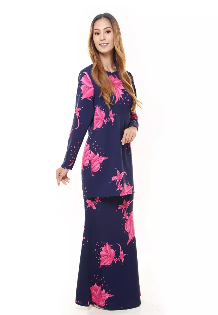 Rina Printed Kurung Navy Pink Flower